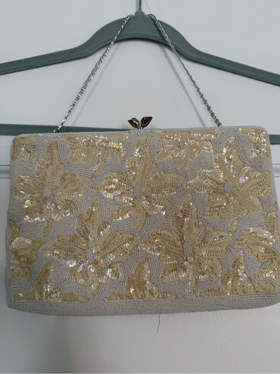 Handbags - Cream and white vintage Warborg Sequin Floral Evening Clutch